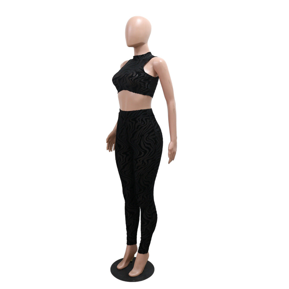 Two Piece Sets round Neck Sexy Sleeveless Short Top Match Slim Fit Pencil Pants