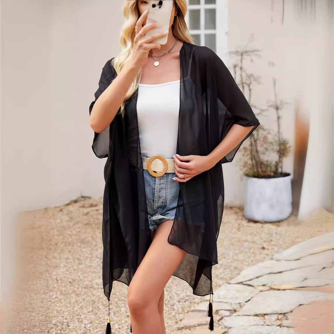 Seaside Blouse See Through Sexy Tassel Thin Cape Solid Color Travel Sun Protection Cardigan