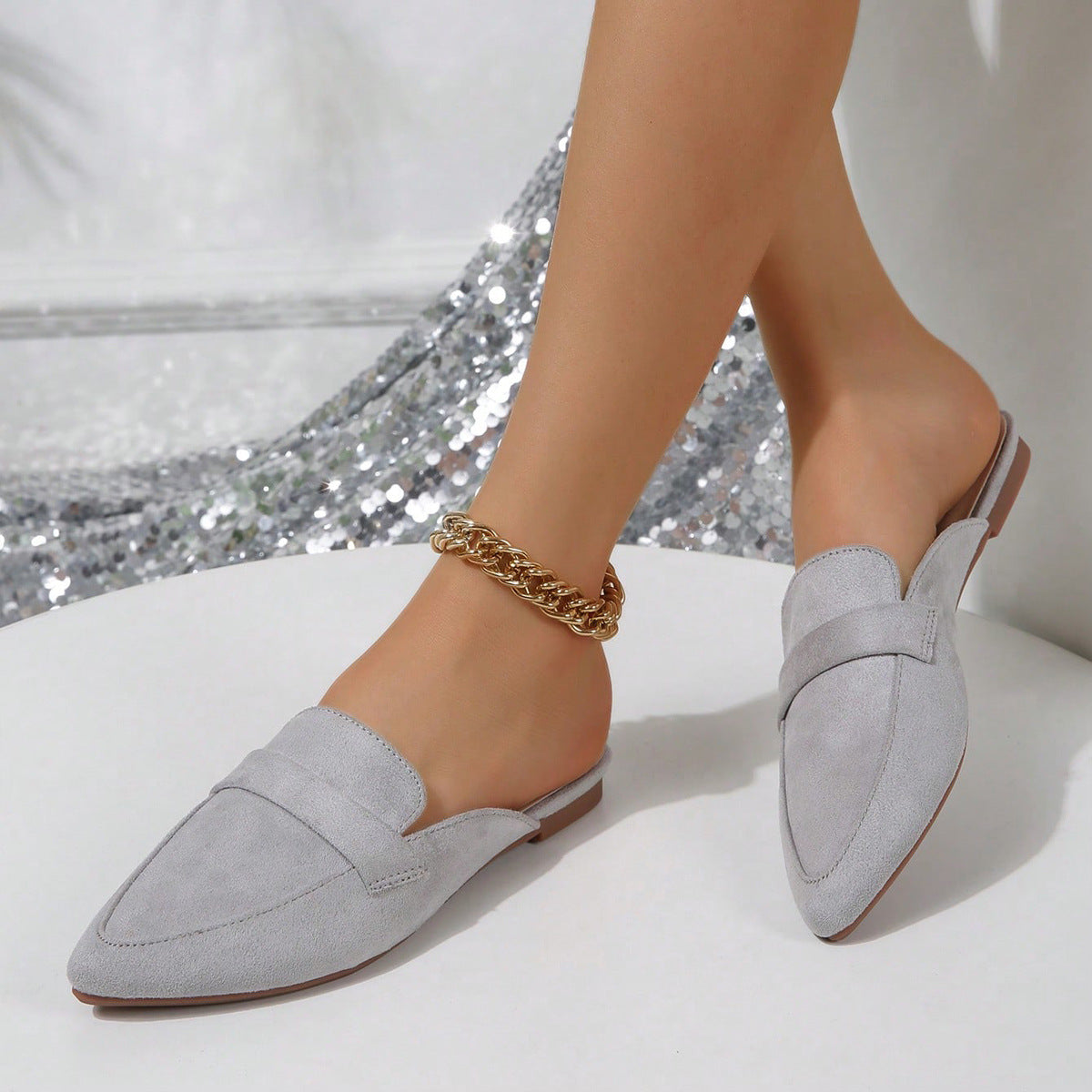 Closed Toe Half Slippers Women Summer Wear Pointed Toe Flat Bottom Slip on Lazy plus Size Sandals Muller Shoes
