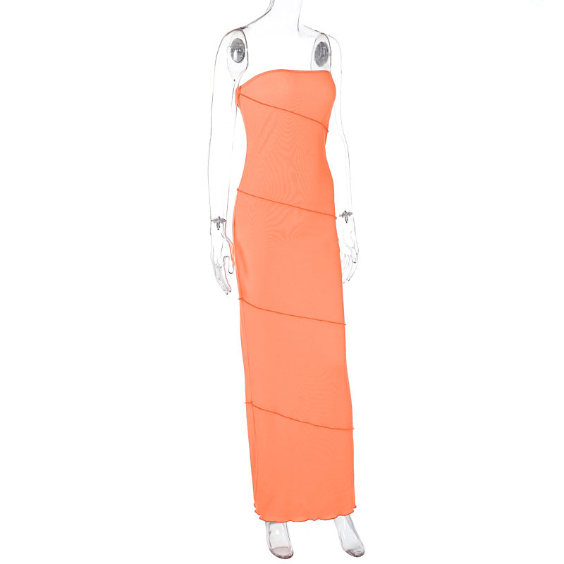 Women Clothing Summer Wrapped Chest Striped Solid Color Sunken Stripe Sleeveless Slim Fit Dress