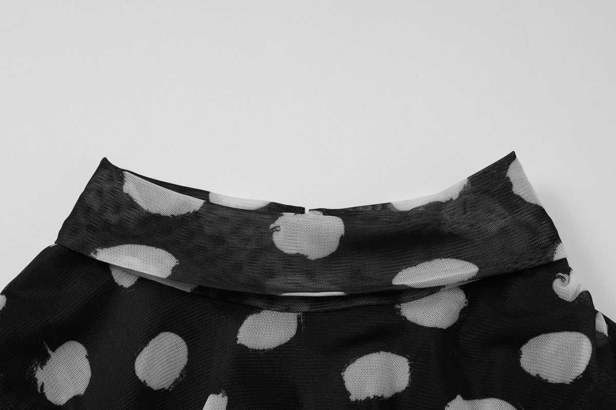 Women Half Turtleneck Sleeveless Mesh Polka Dot Print Faux Two Piece Skinny Slimming Sheath Dress