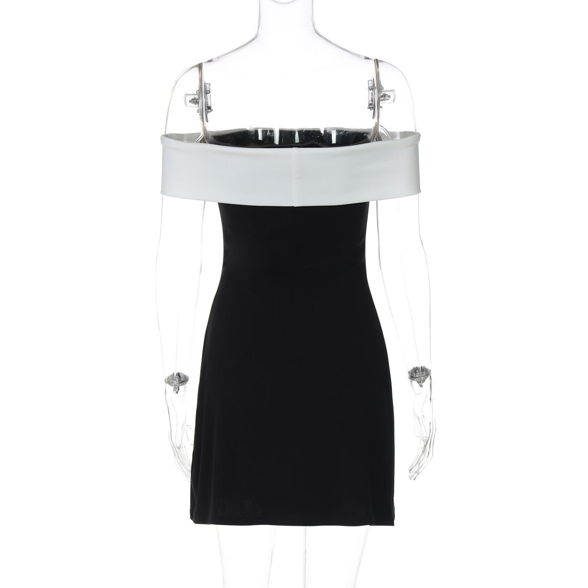 Women Clothing Summer Tube Top off the Neck Stitching Contrast Color Waist Tight Slimming Fashionable Dress
