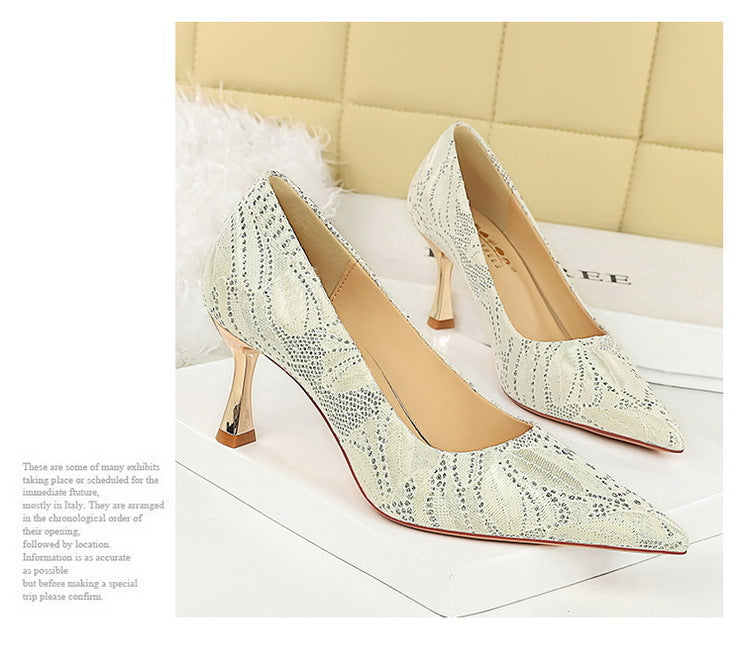 Lace Mid Heel Shoes Pointed Irregular Asymmetric Lines Stiletto Heel Women Professional Shoes