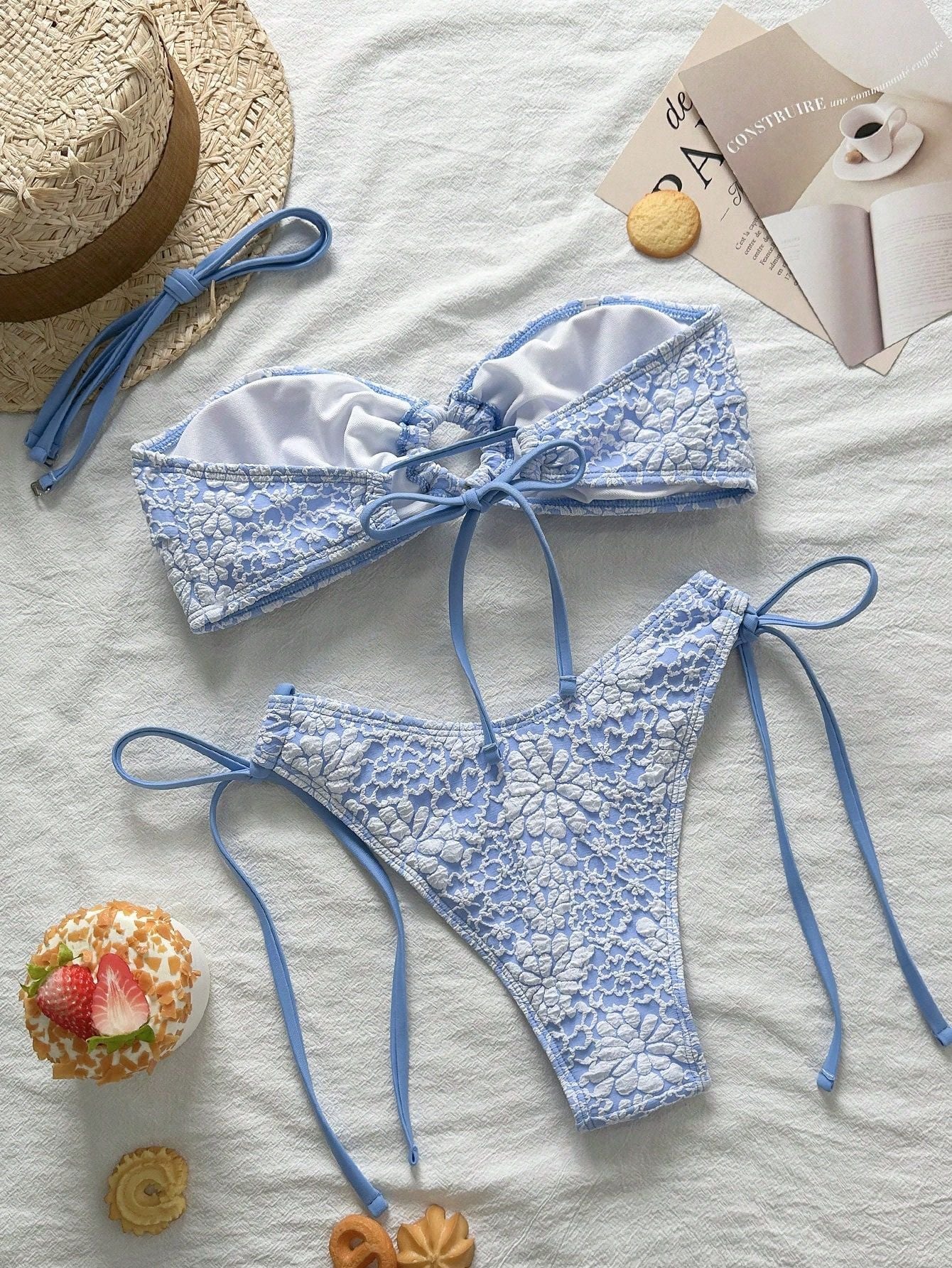 Swimwear Solid Color Floral Patterned Fabric Bikini Sexy Lace up Bandeau Bikini