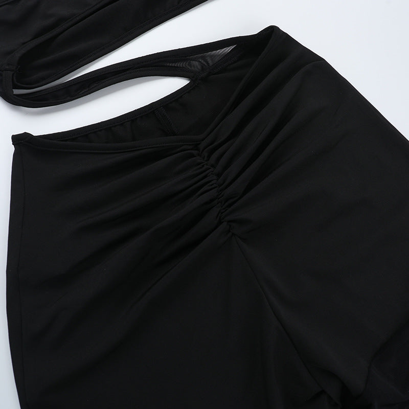 Sexy Mesh Stitching Tube Top One Piece Wide Leg Pants Hollow Out Cutout out See through Women Clothing