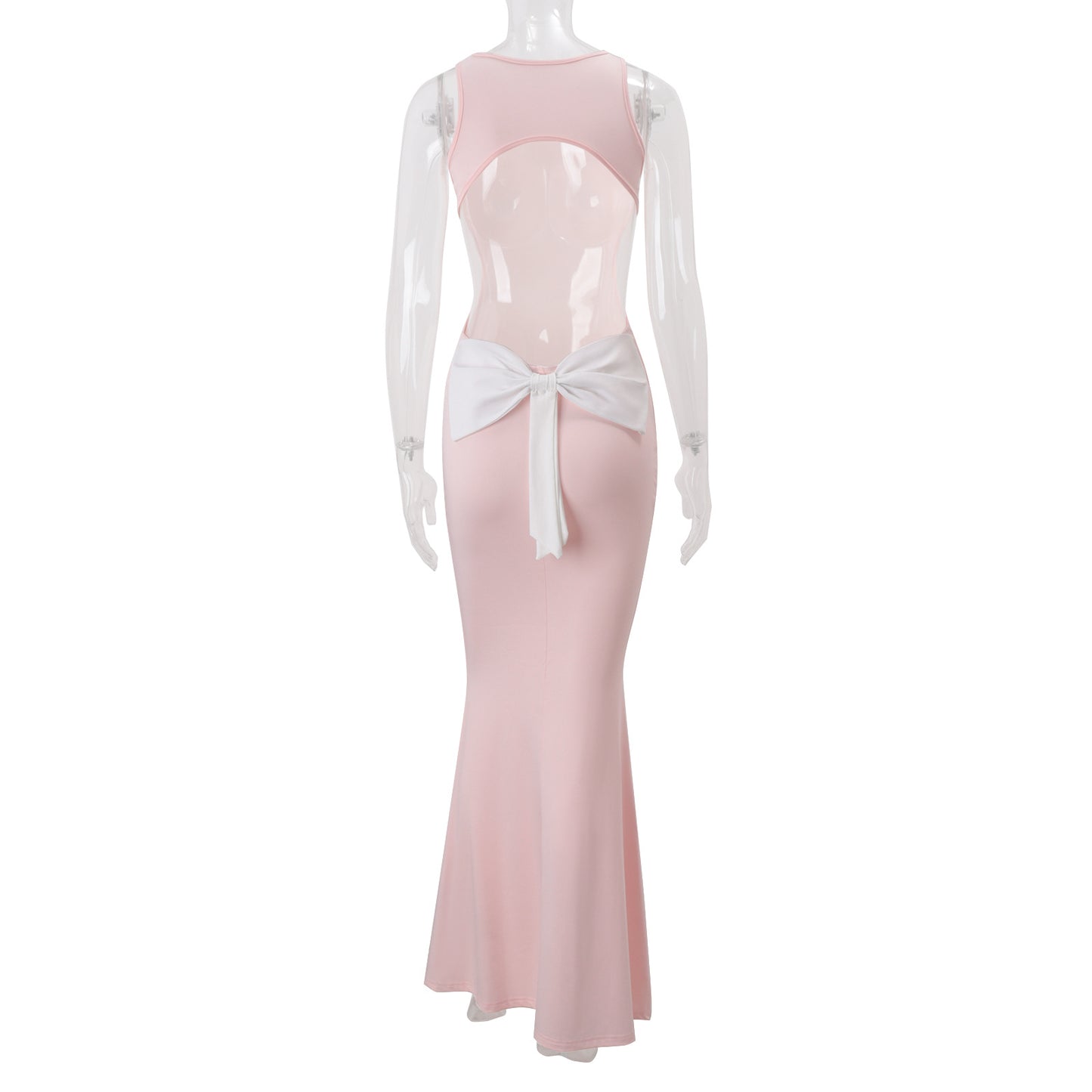 Women Clothing Fall round Neck Solid Color High Waist Hollow Out Cutout out Bow Decoration Sheath Dress