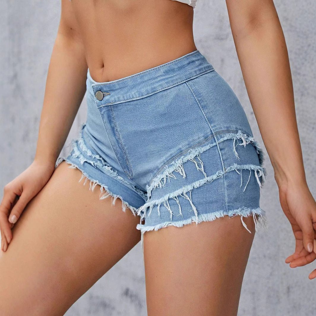 Summer Women Jeans Multi Layer Frayed Stretch Denim Shorts