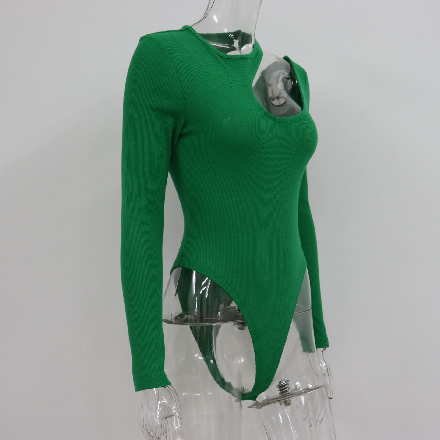 Rib Hollow Out Cutout out Bodysuit Women Spring Long Sleeve Sexy Top Simple Slimming