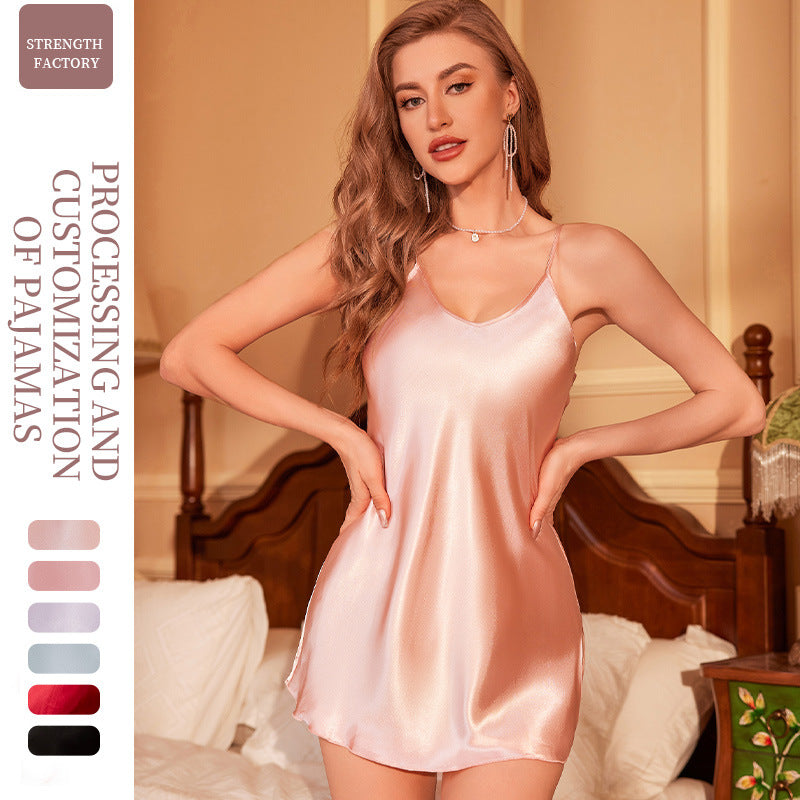 Lady Simple Short Dress Home Casual Breathable Pajamas Nightdress Solid Color Artificial Silk Home Wear