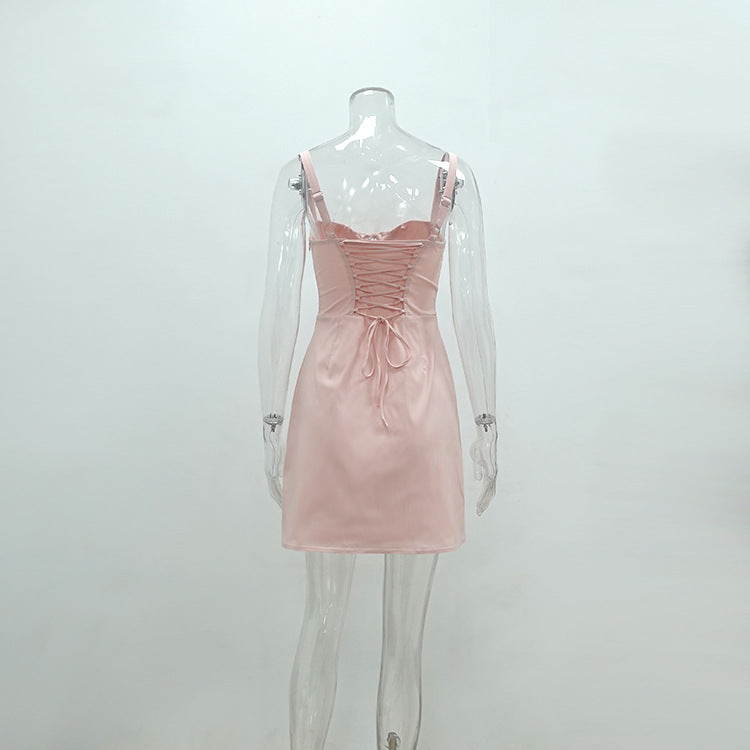Summer Women Elegant Waist Trimming Short Strap Lace up Dress