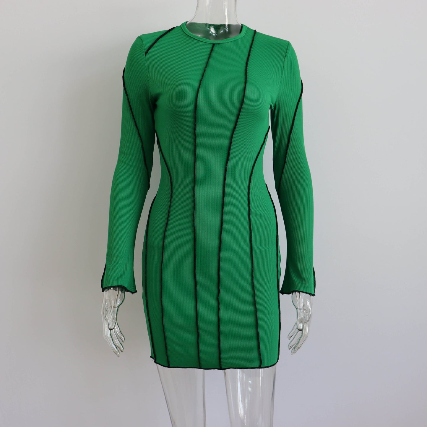 Autumn Hit Line Bell Sleeve Dress Women Clothing Small Sunken Stripe Tight Sexy Long Sleeve Short Dress Women