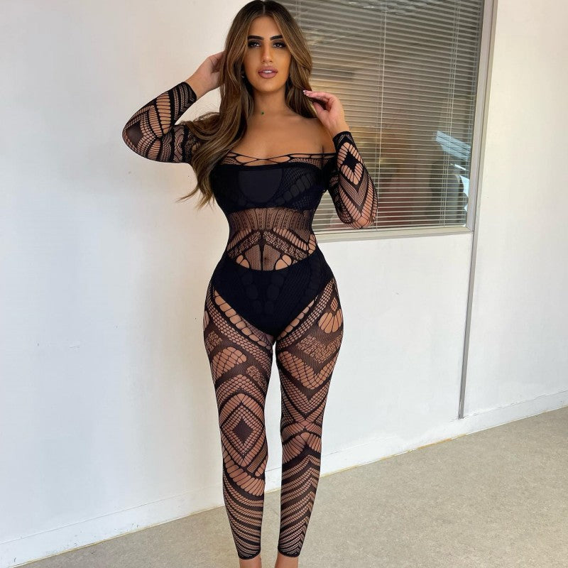 Summer Sexy Temptation Sheer Mesh Long Sleeve Sheath Jumpsuit