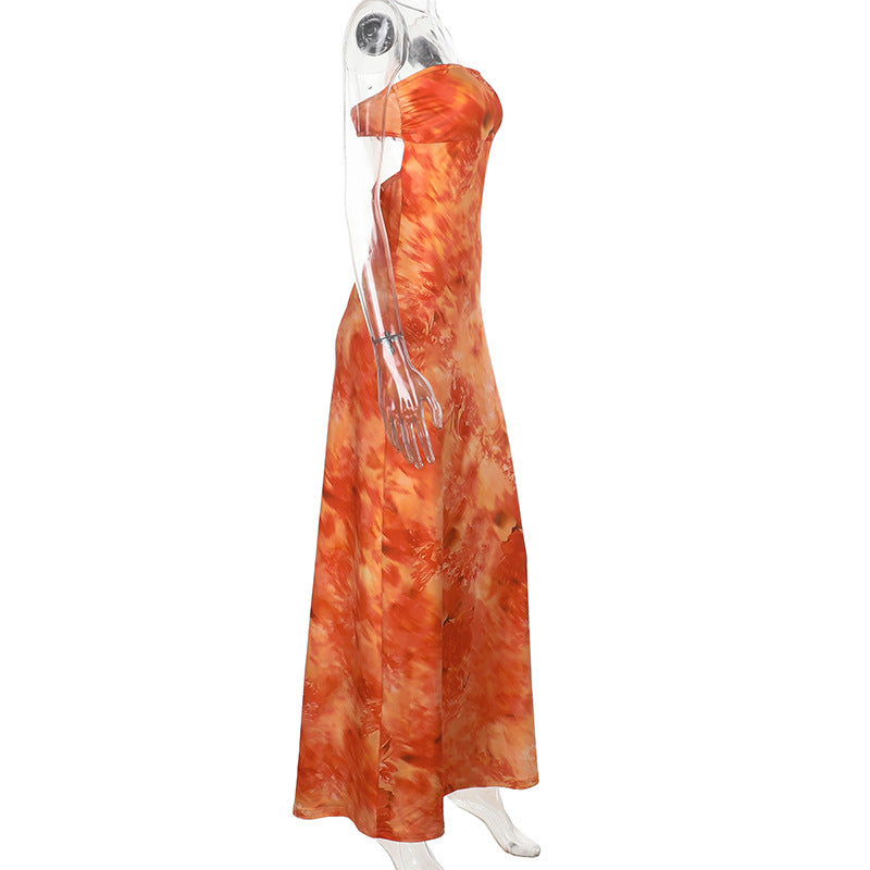 Strapless Dress Slim Fit Waist Controlled Slimming Printed Dress Vacation Dress
