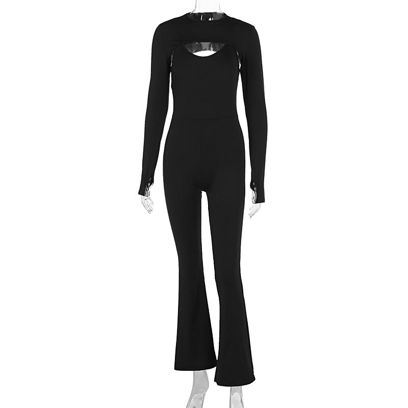 Spring Women Solid Color Long Sleeve Tight Braces Hip Lifting Jumpsuit Two Piece Set