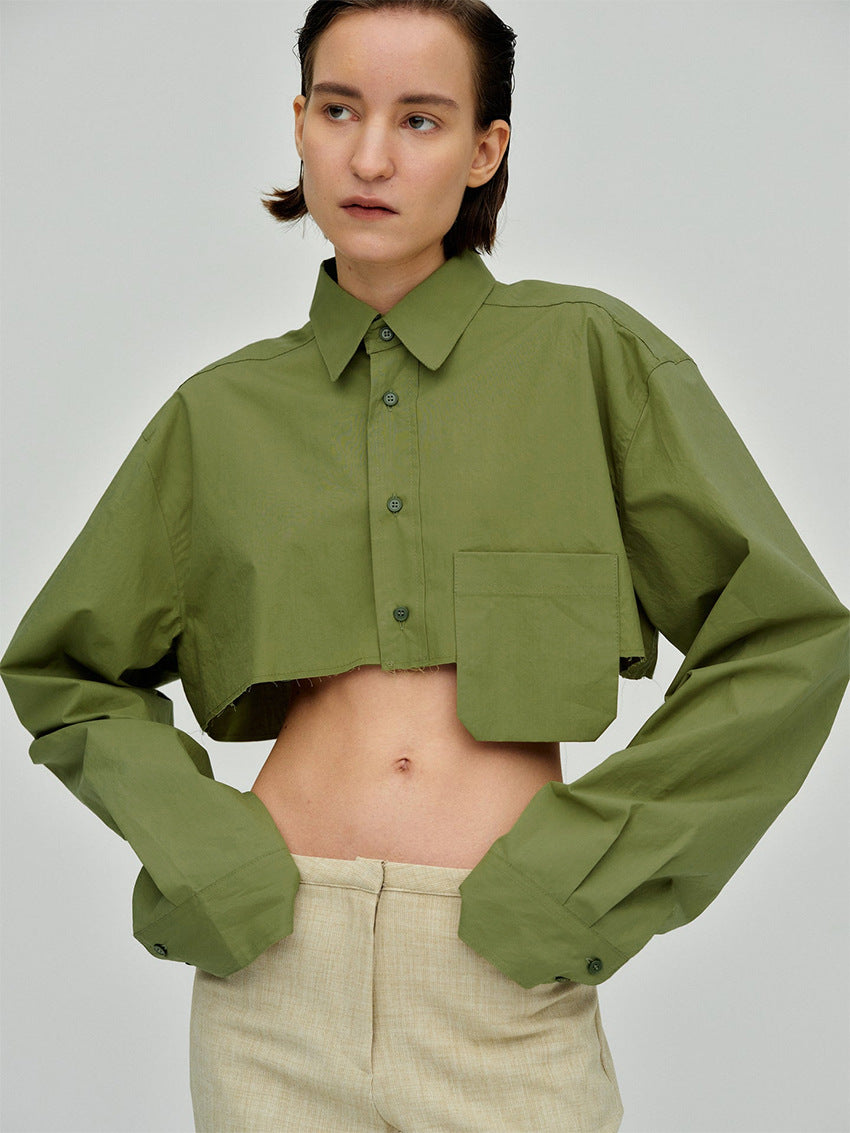 Autumn Cropped Asymmetric Stitching Casual Dignified Sense of Design Short Model in White Color Shirt Women Clothing