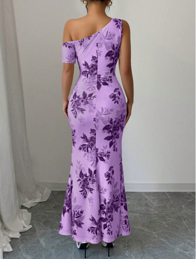 Printed Shoulder High Waist Sheath Dress Slimming Dress