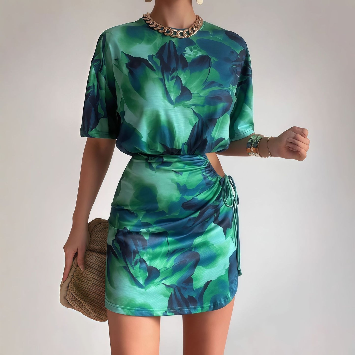 Summer Elegant Tie Dyed Pleated Slim Fit Sheath Dress Women Clothing