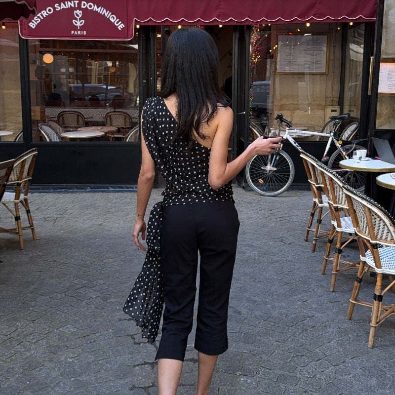 Women Clothing Summer Sexy Diagonal Collar Polka Dot Chiffon See through Irregular Asymmetric Top Women