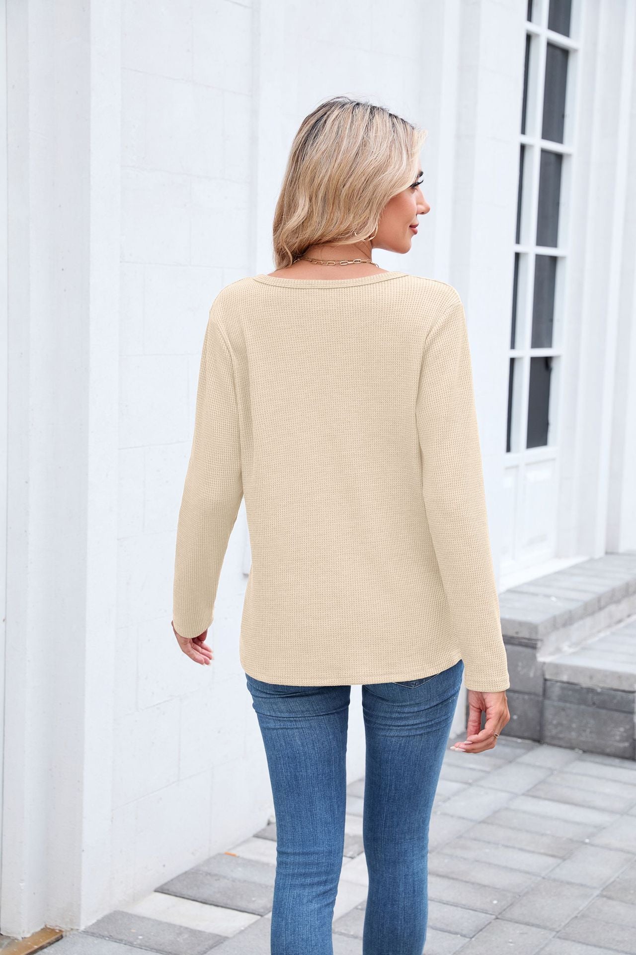 Autumn Winter Waffle Solid Color V neck Loose Long Sleeved T shirt Top Women