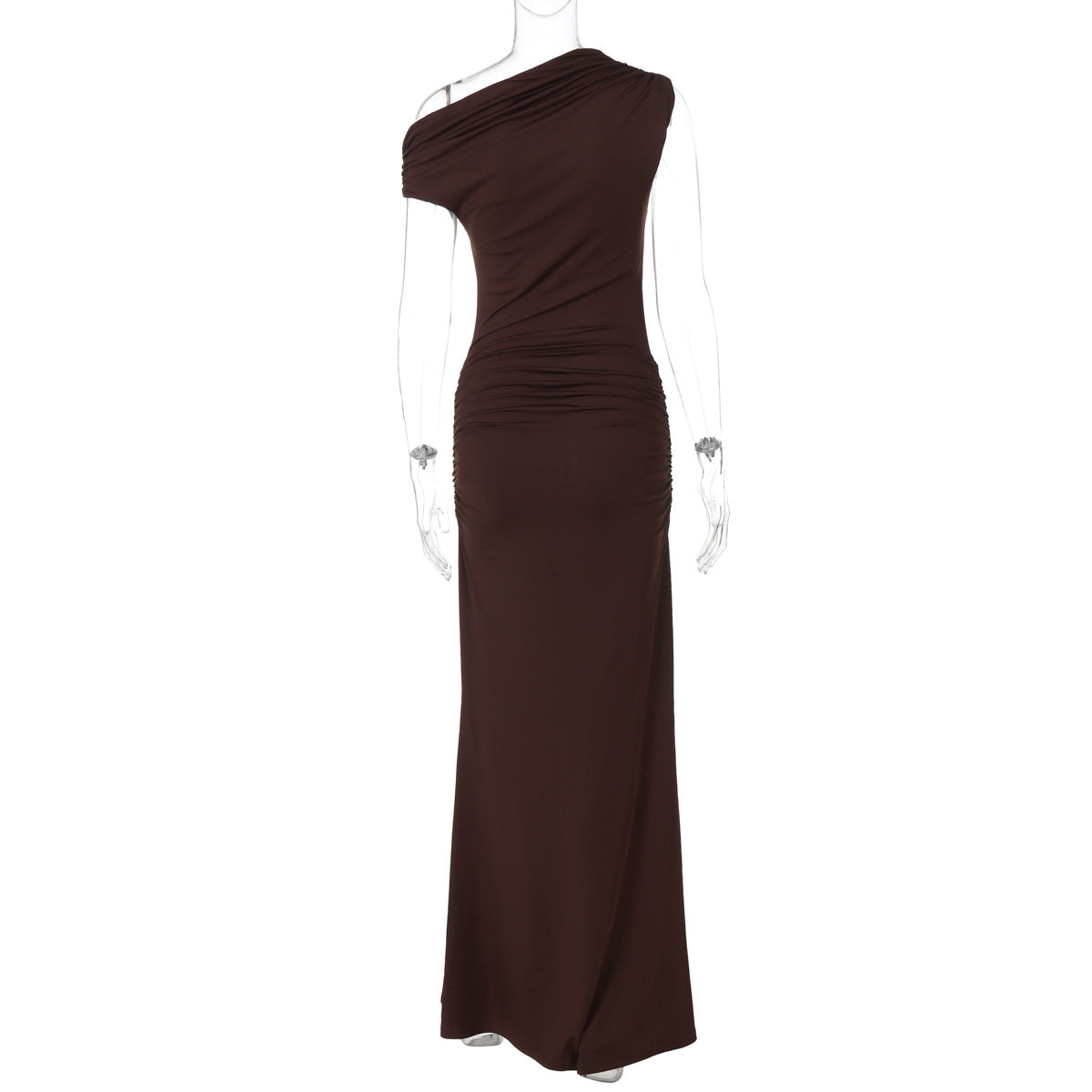 Women Clothing Summer Pleated Waist Tight Slimming Shoulder Hollow Out Cutout Sexy Solid Color Dress