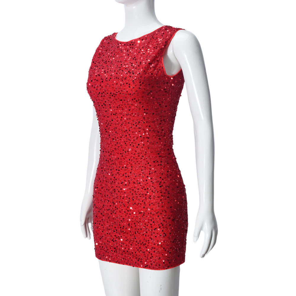 Women Clothing Spring Sequined Sleeveless Backless Sexy Dress
