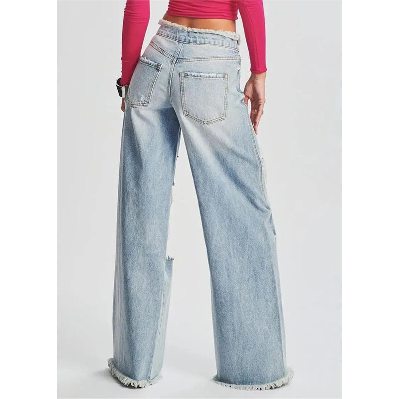 Ladies Jeans Ripped Irregular Asymmetric Side Turn Waist Wide Leg Trousers Women