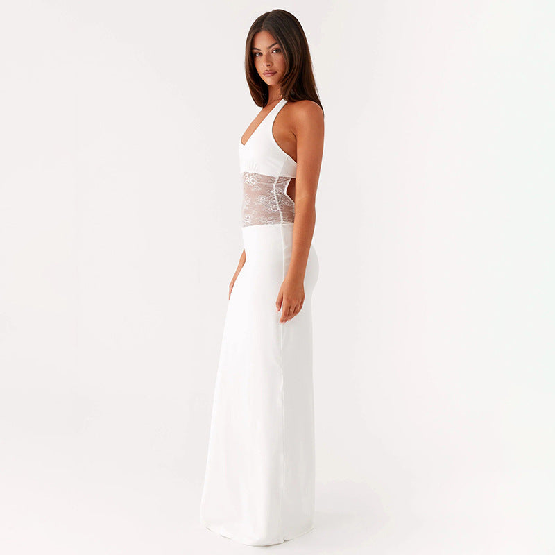 Women Clothing Sleeveless Backless U Collar Lace Slim Fit Patchwork Halter Maxi Dress