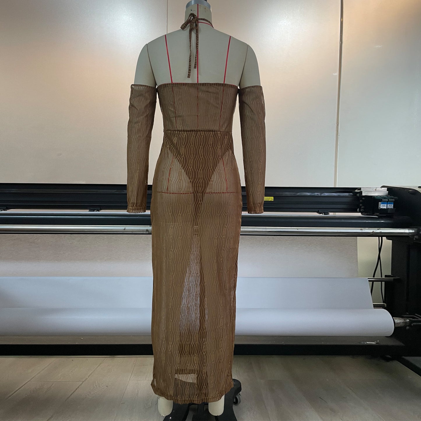 Spring Summer Mesh Halter Dress Women Blouse See through Sexy Cutout Stitching Hip Maxi Dress