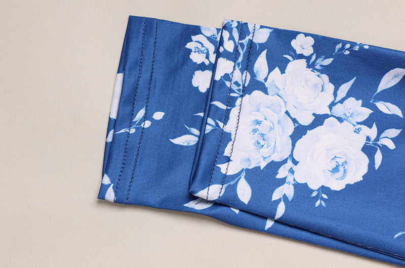 Floral Print Elegant V neck Summer Slim Fit Lightweight Thin Long Sleeve Dress Klein Blue Dress