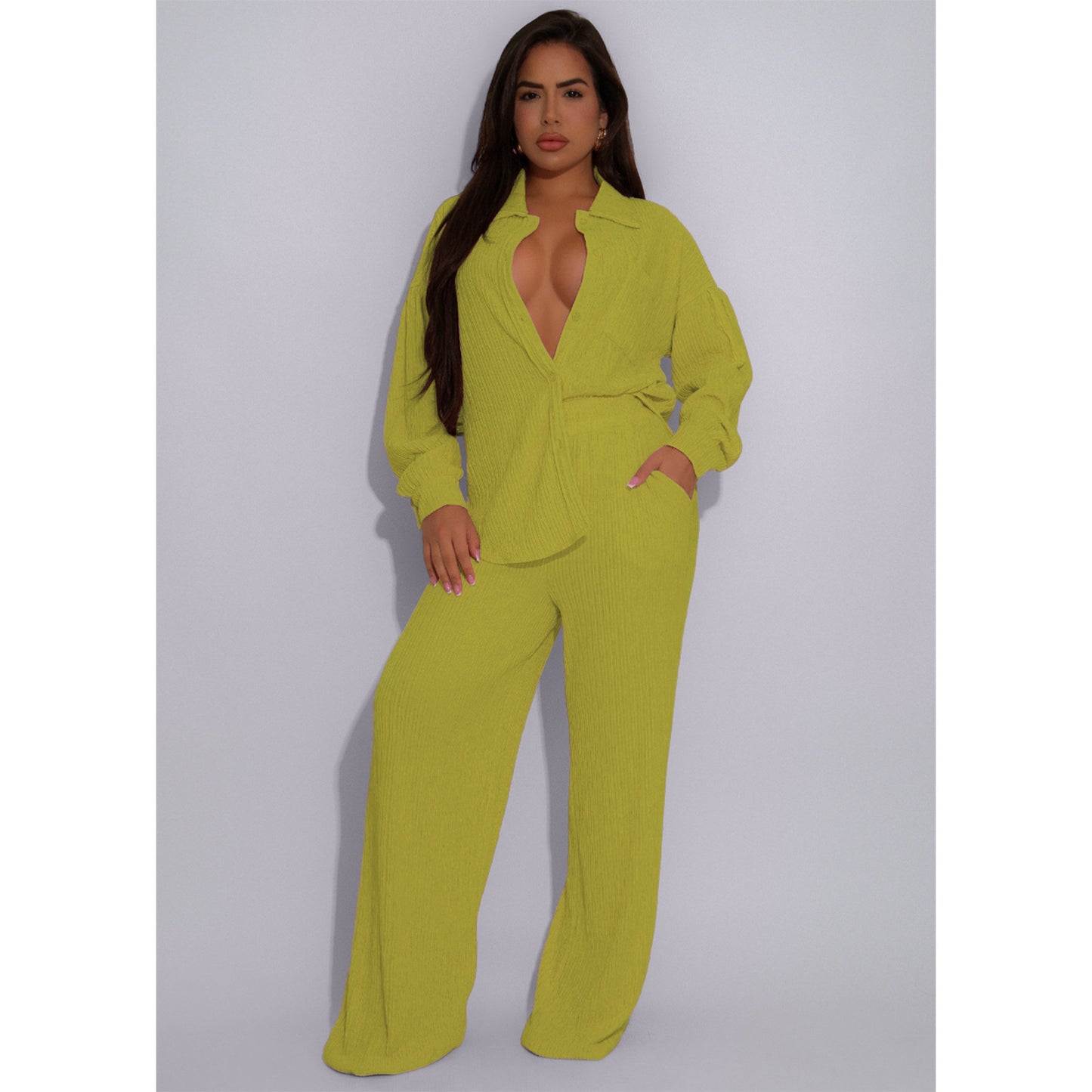 Women Elastic Crumpled Lace up Multi Pocket Swing Pants Wide Leg Pants Two Piece Sets