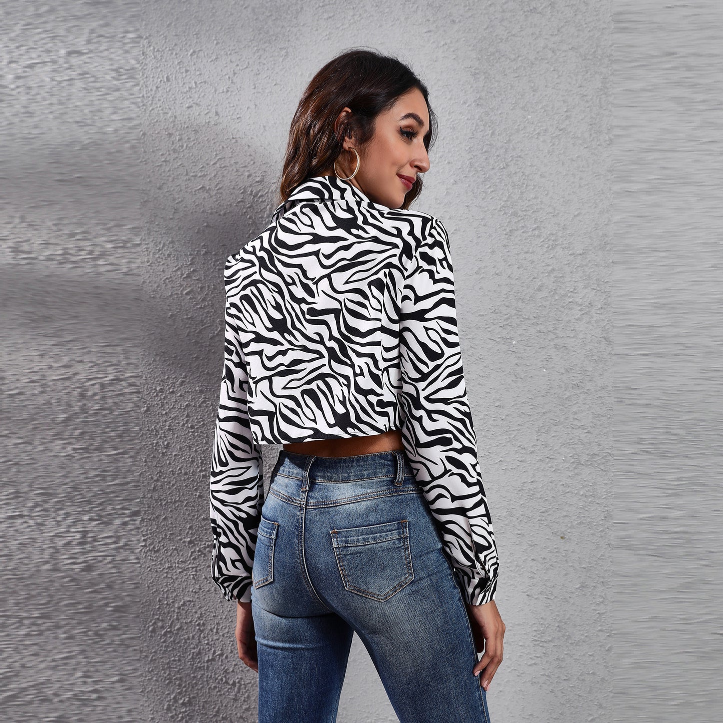 Plaid Zebra Print Pocket Long Sleeve Shirt Cropped Top Thin Outerwear Women Women Clothing Outerwear