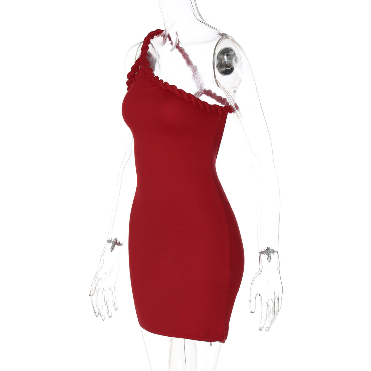 Women Clothing Summer Sexy Backless Pleated One Shoulder Twist Hip Bag Dress Women