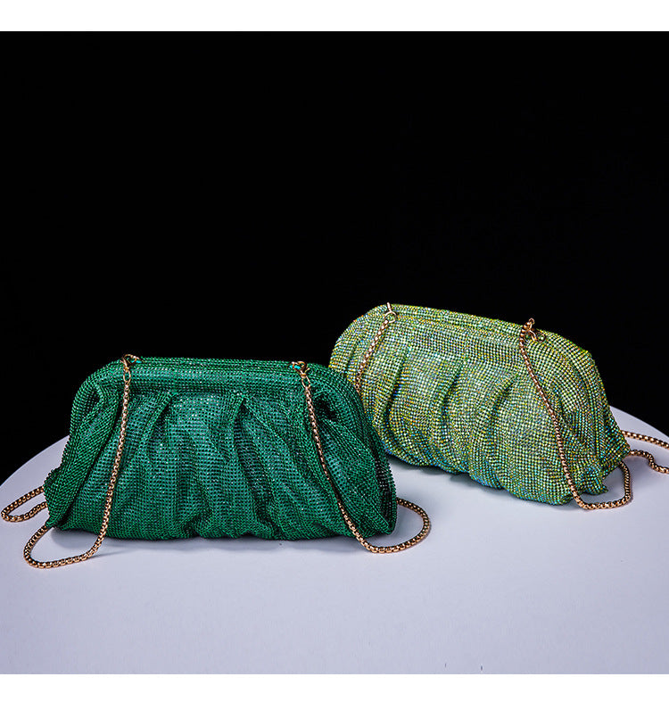 High Grade Diamond Studded by Hand Clutch Pleated Chain Rhinestone Cloud Clip Dinner Bag One Shoulder Crossbody Bag