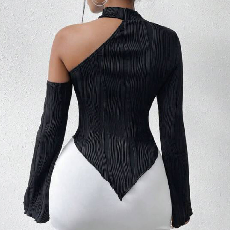 Spring Women Clothing Strip Sexy Street Long Sleeve Diagonal Collar Halterneck T Shirt Women