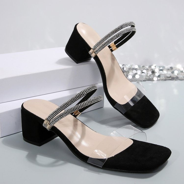 Rhinestone Two Way Chunky Heel Sandals Women Square Toe Chunky Heel Slippers