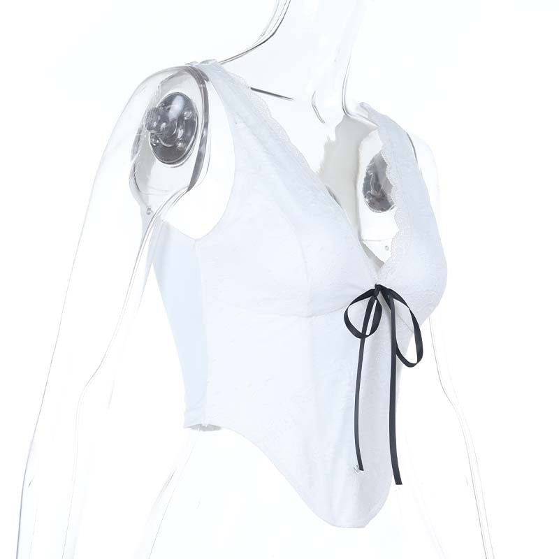 Summer Lace V Collar Contrast Color Ribbon Waist Tight Spaghetti Strap Camisole Top