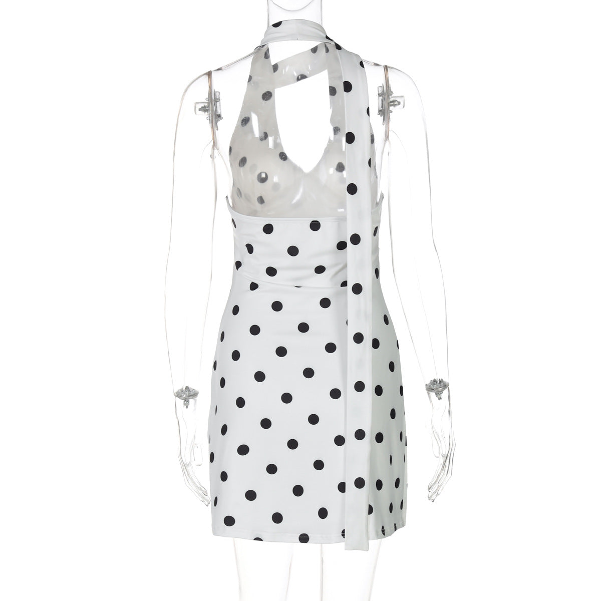 Women Clothing Summer Elegant Halter Ribbon Backless Print Polka Dot Dress Women