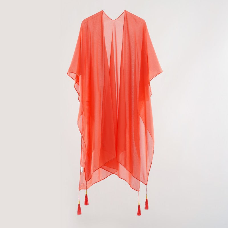 Seaside Blouse See Through Sexy Tassel Thin Cape Solid Color Travel Sun Protection Cardigan