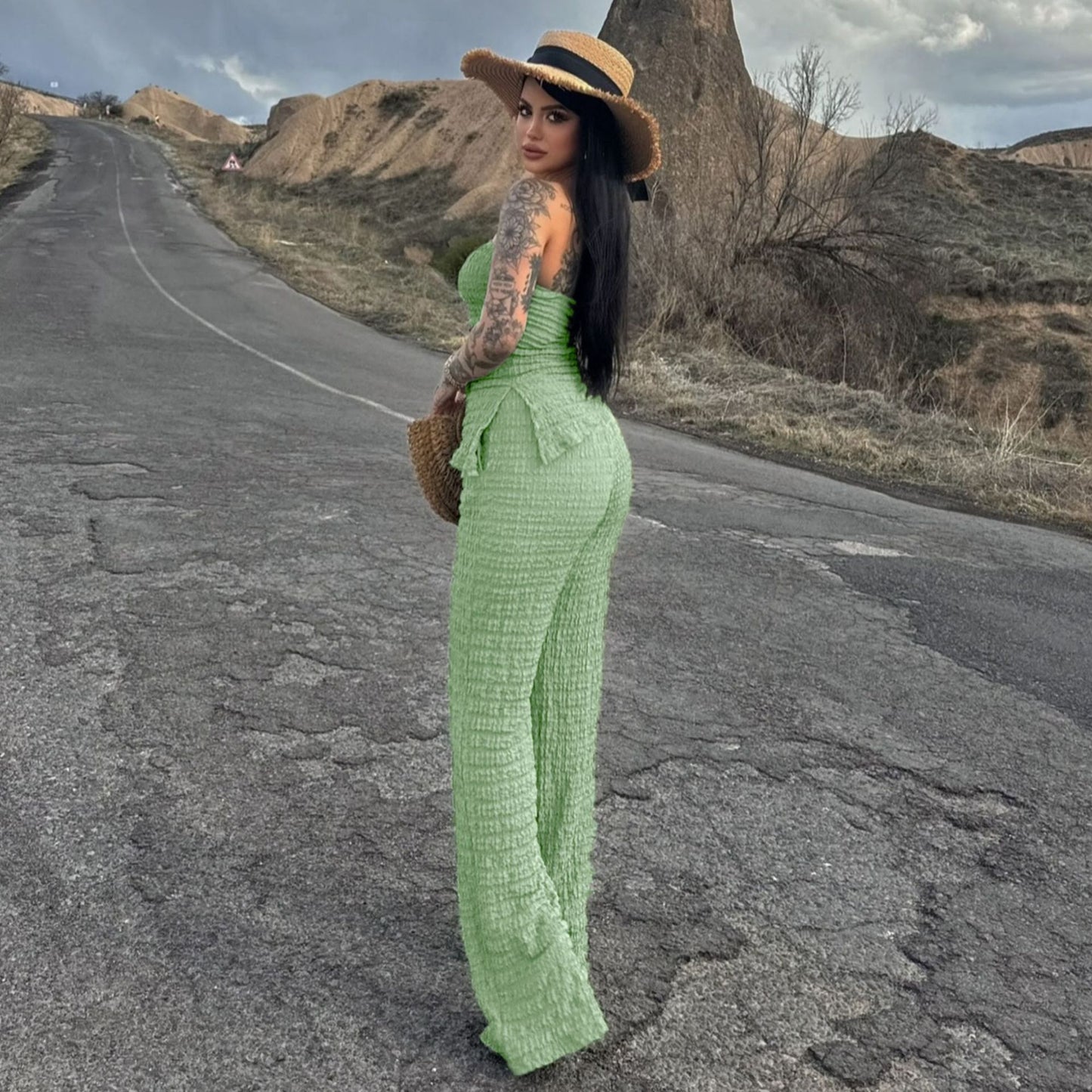 Summer Women Clothing Sexy off the Shoulder Tube Top Beveled Top Slim Trousers Two Piece Sets