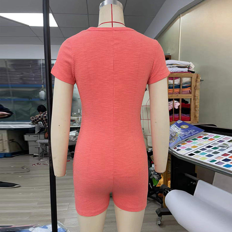 Women Jumpsuit Short Sleeve Knitted Slim Fit Zipper Hip
