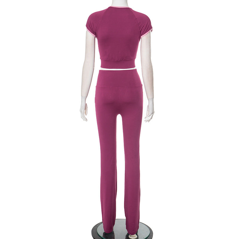 Women Clothing Spring Summer Contrast Color Drop Shoulder round Neck Zipper High Waist Bootcut Trousers Two Piece Sets