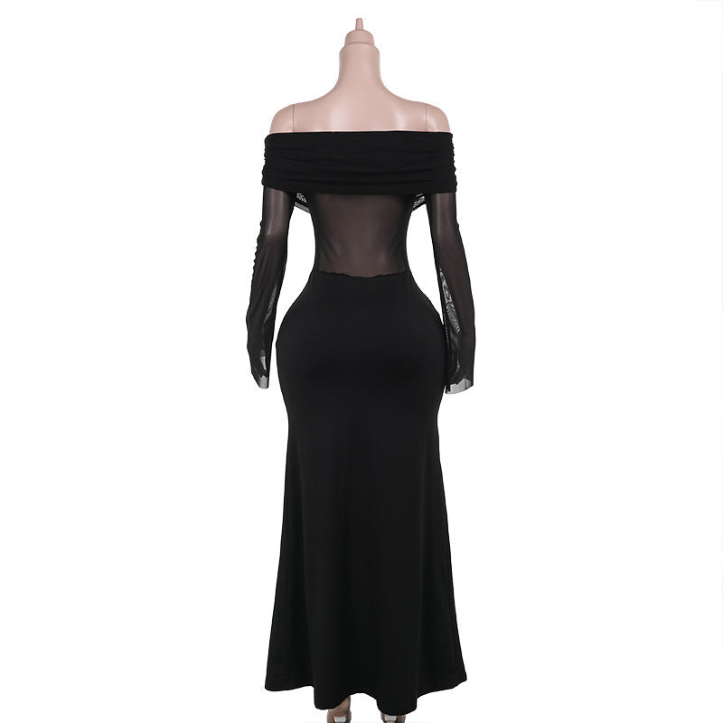 Fall Maxi Dress Elegant Sexy Slim off Shoulder Mesh Dress Women