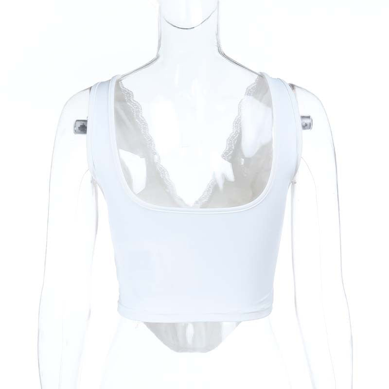 Summer Lace V Collar Contrast Color Ribbon Waist Tight Spaghetti Strap Camisole Top