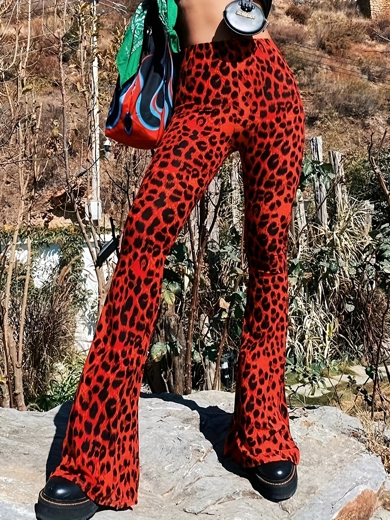 Leopard Print Pants Trendy Skinny Sheath Printed Bell Bottom Pants Women Casual Pants