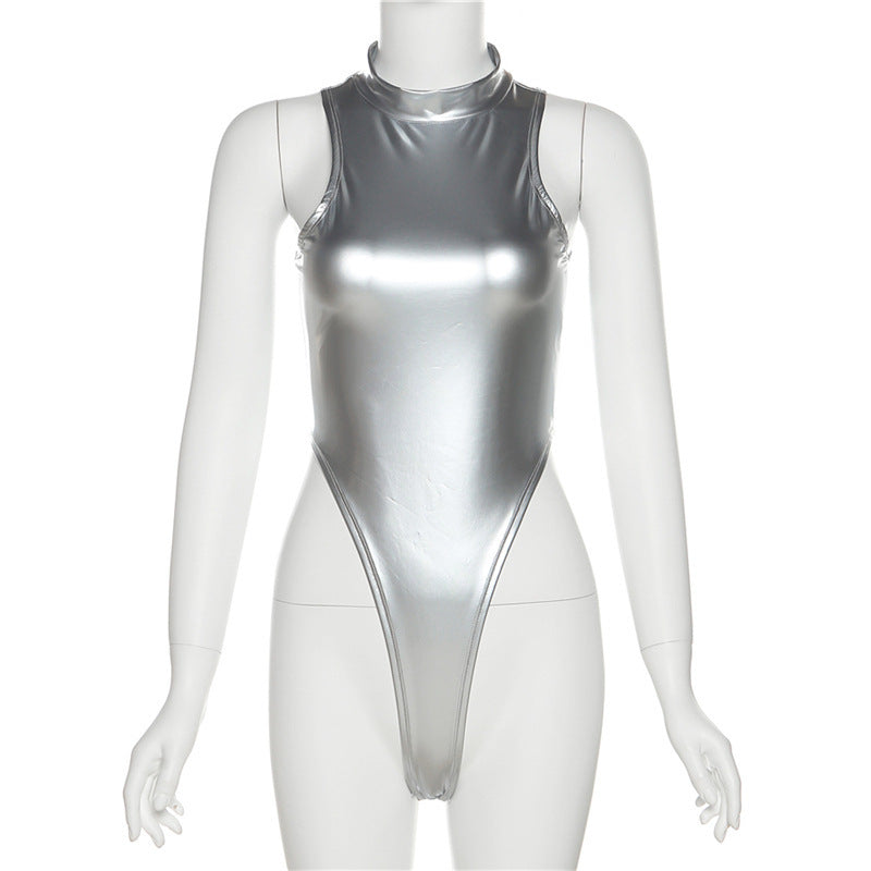 Metallic Coated Fabric Spring Summer Women Slim Fit High Waist Round Neck Sleeveless Reflective Jumpsuit
