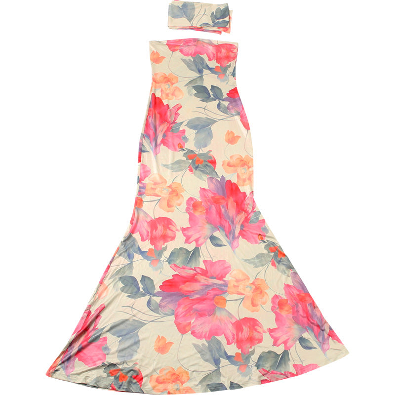 Fall Women Clothing Elegant Slim Fit Scarf Collar Sexy Backless Tube Top Printed Dress Women