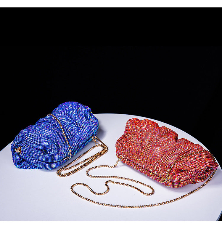 High Grade Diamond Studded by Hand Clutch Pleated Chain Rhinestone Cloud Clip Dinner Bag One Shoulder Crossbody Bag