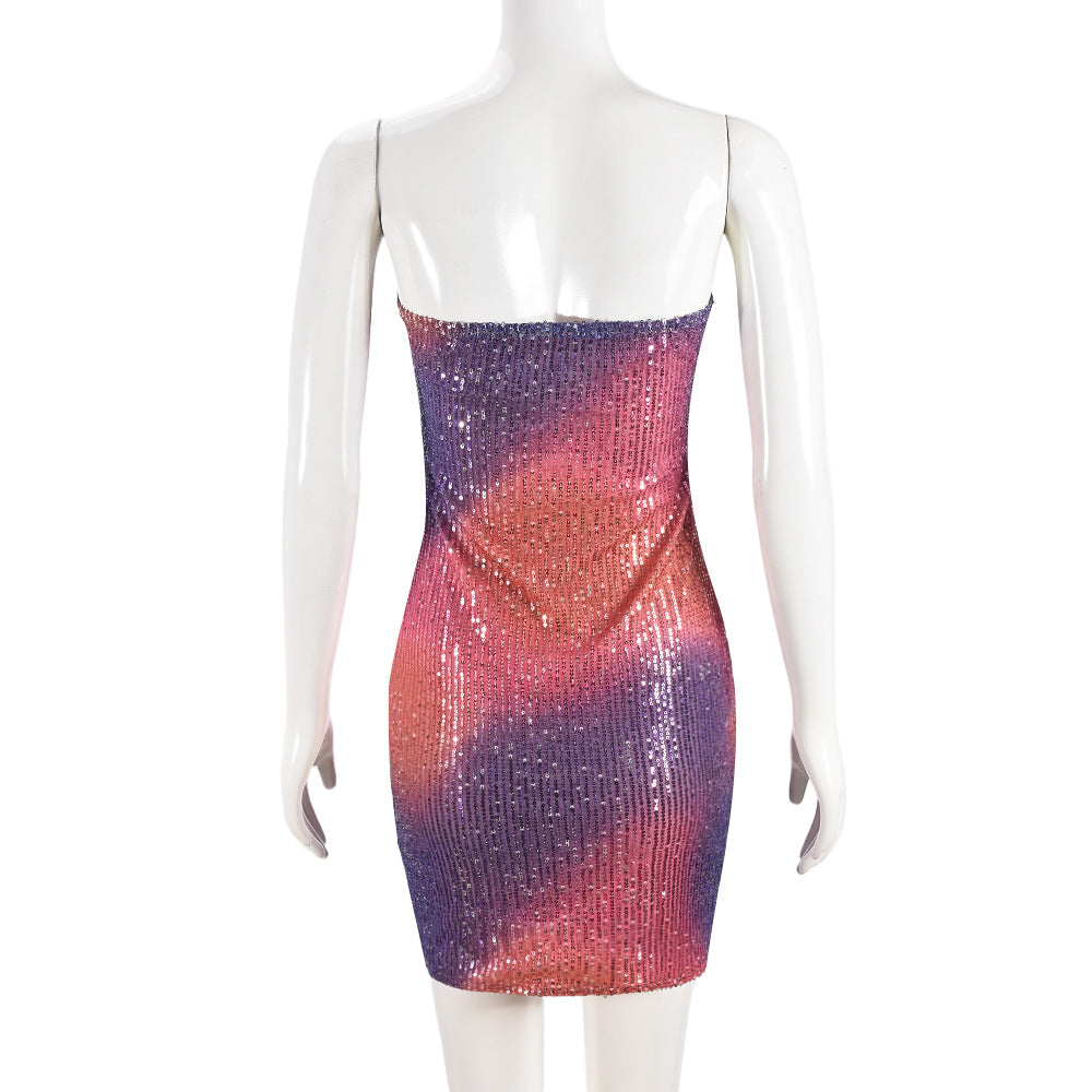 Christmas Sexy Tube Dress Women Sexy Double Layer Cover Hollow Out Cutout Backless Sequin Hip Dress