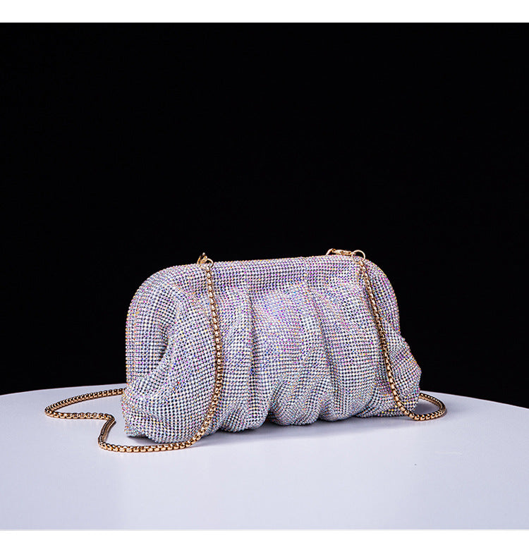 High Grade Diamond Studded by Hand Clutch Pleated Chain Rhinestone Cloud Clip Dinner Bag One Shoulder Crossbody Bag
