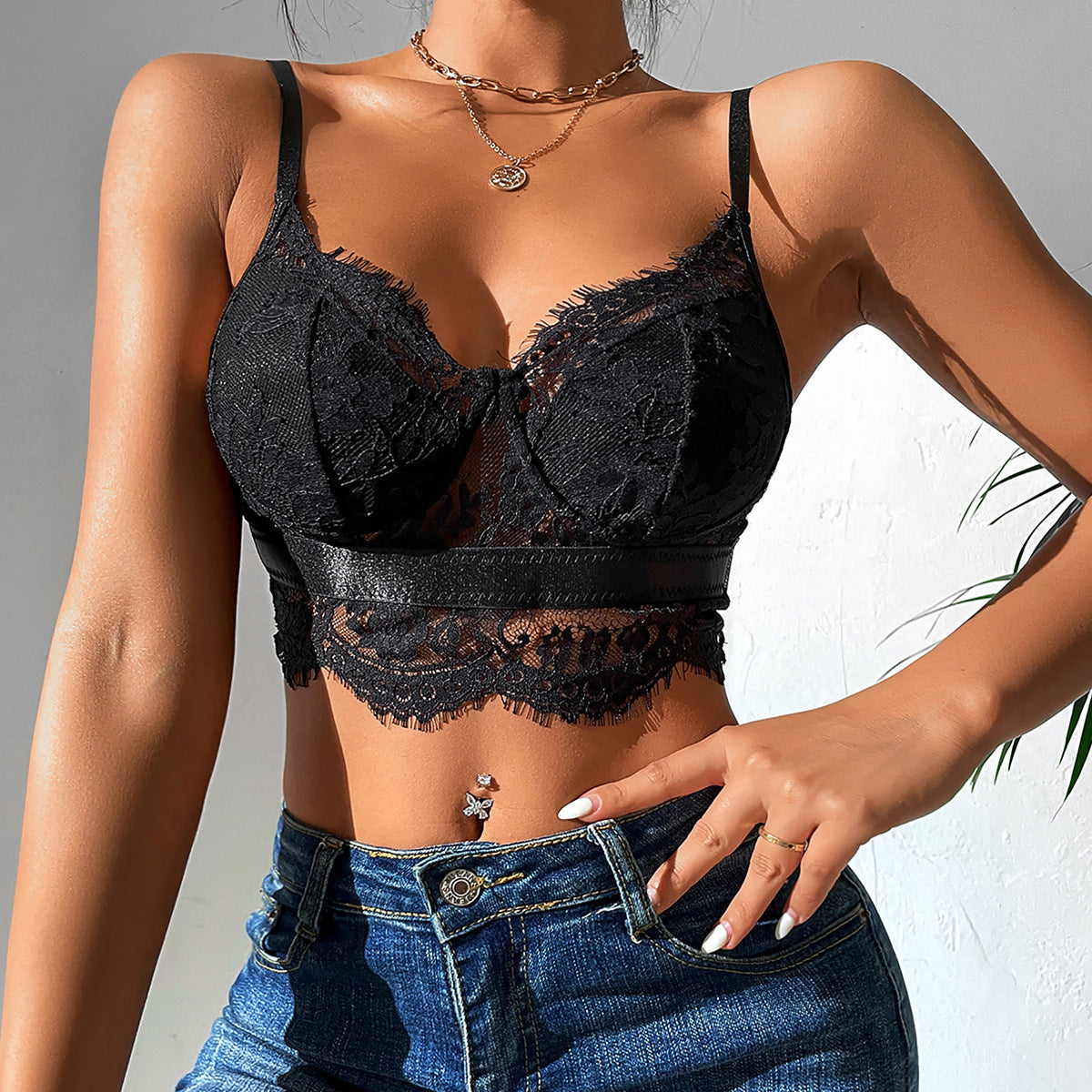 Lace Splicing Sling Vest Women Nightclub Sexy Bare Back Mesh Eyelash